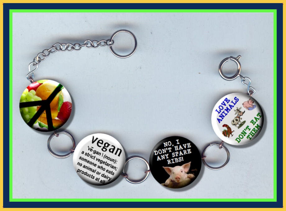 VEGAN Vegetarian Charm Bracelet with Rhinestones Altered Art Jewelry