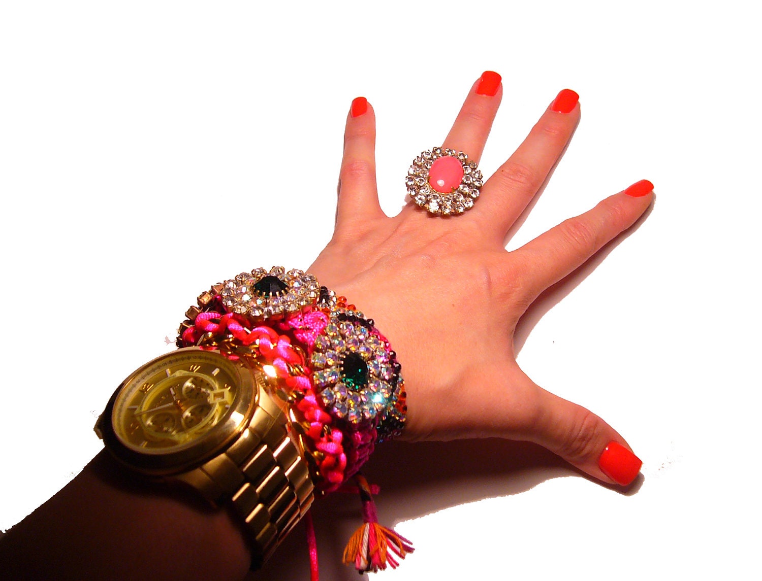 One of a Kind Neon Handpainted Vintage Rhinestone Ring