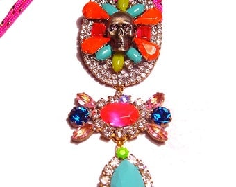 One of a Kind Neon Hand Painted Vintage Rhinestone Skull Necklace - EPHEMERA Collection FW Collection (Ready to Ship)