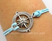 compass bracelet, antique silver compass bracelet, baby blue wax cords bracelet