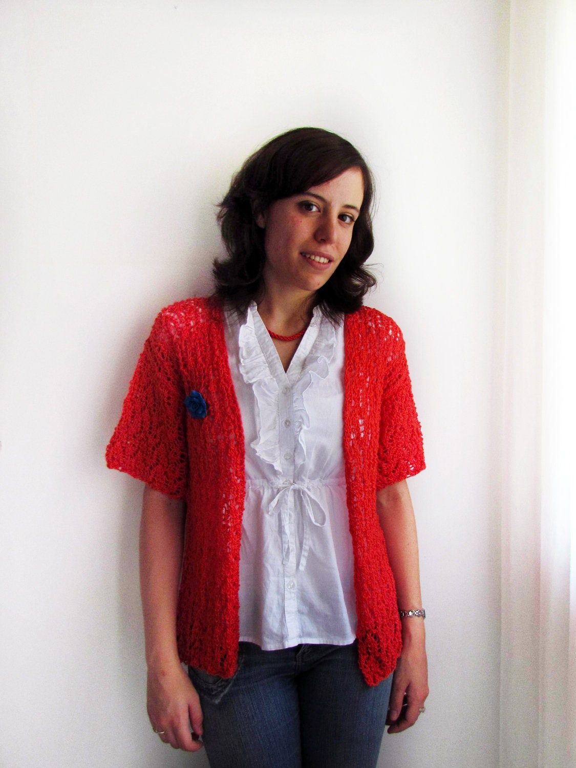 Lacy coral open sweater with blue flower - Handknit - Size M