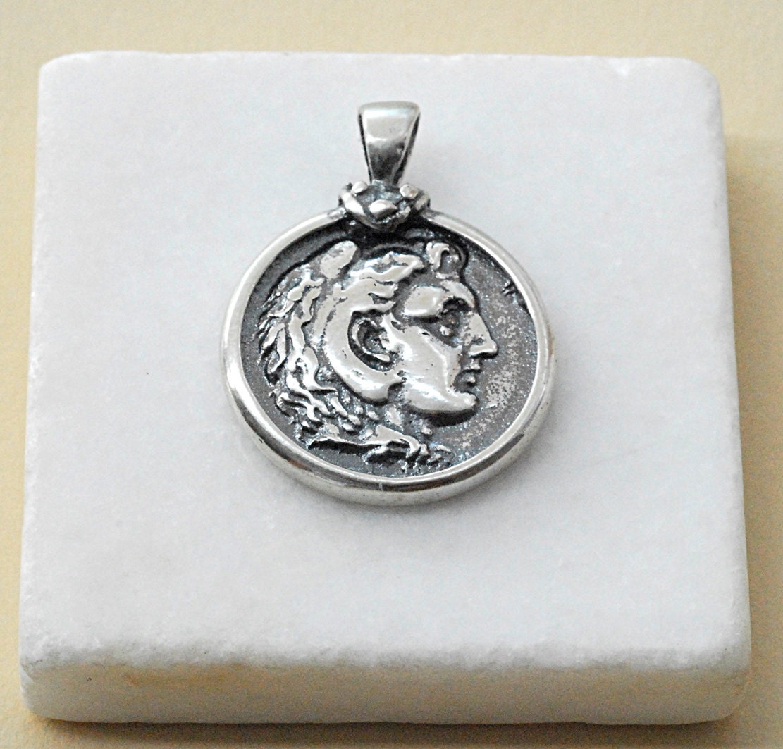 Unisex Necklace Silver Alexander the Great Ancient Greek Coin Inspired