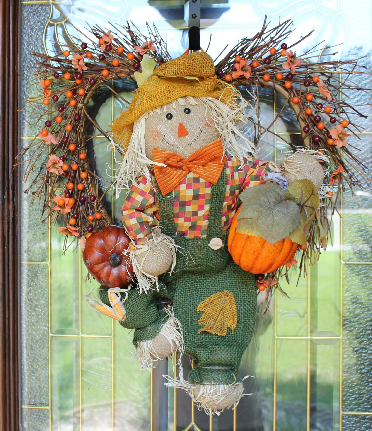 Fall Wreath, Scarecrow Wreath, Thanksgiving Wreath, Holiday Wreath, Twig Wreath, Orange, Green