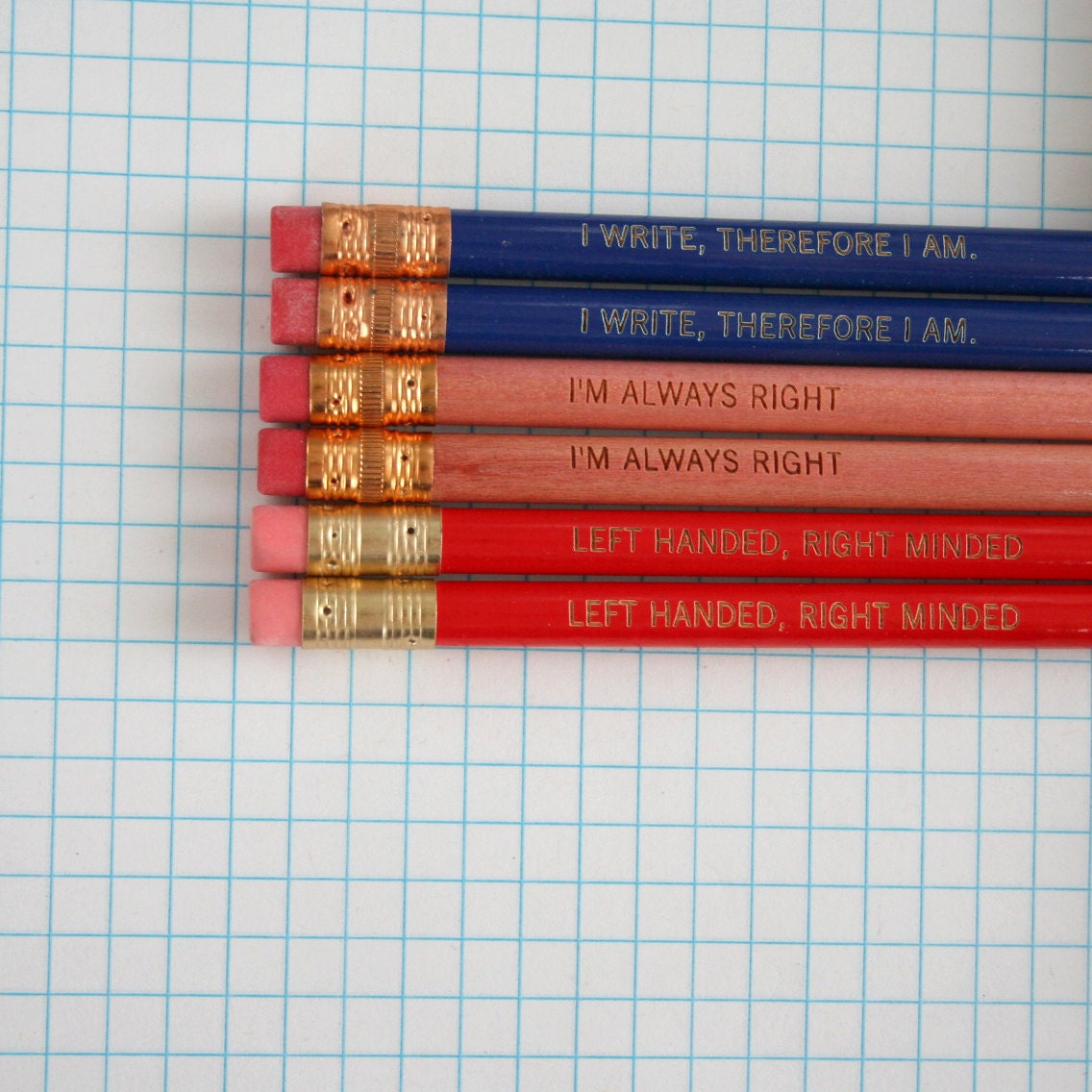 lefty pencil set engraved pencil set of 6 red, natural, midnight blue pencils. pencils for left handed people.
