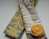 Ruffle Camera Strap Cover-Grey and Yellow Floral with Ivory Double Ruffle and Rosette Pin and Lens Cap Pocket