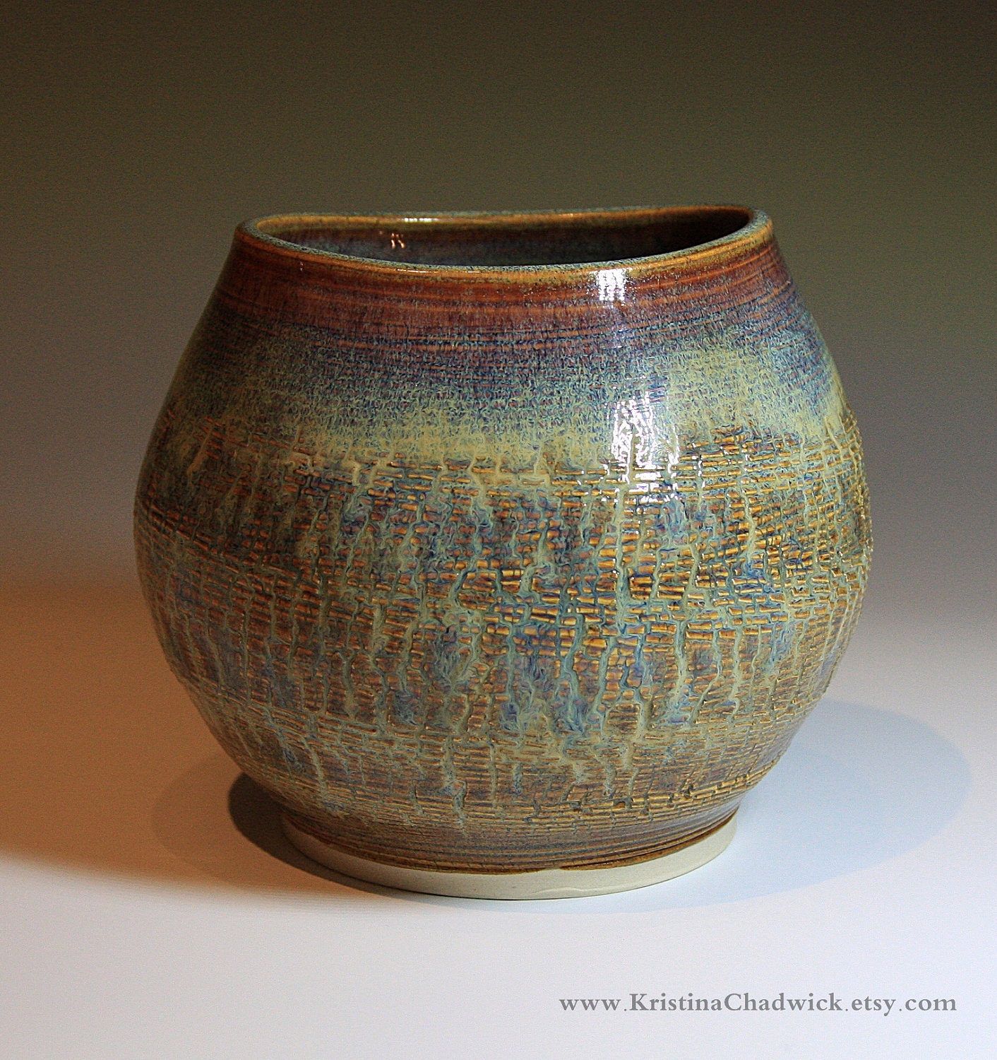 Ceramic Vase Crackle Pattern - Handmade in Brown Blue Cream