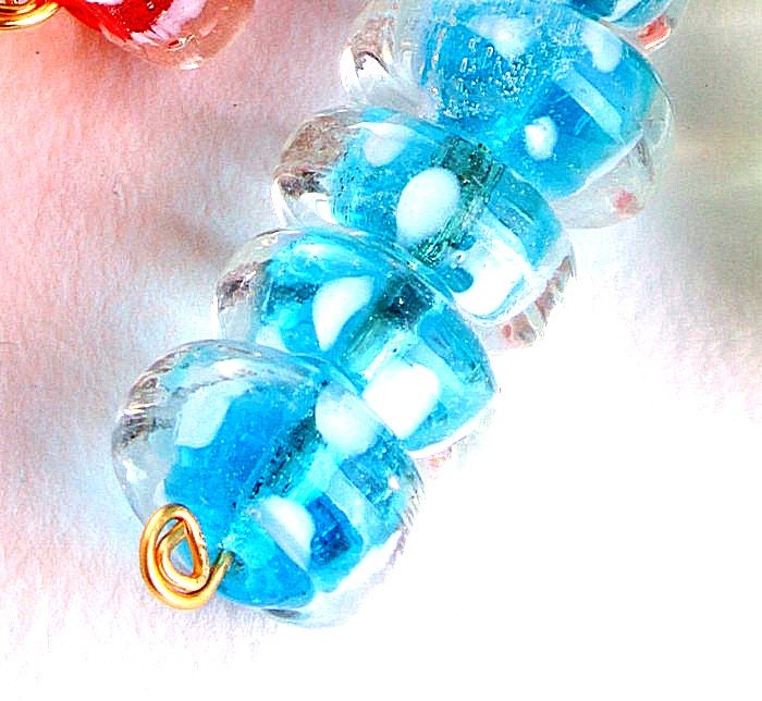 lampwork beads clear and sky blue with dots 6 pieces