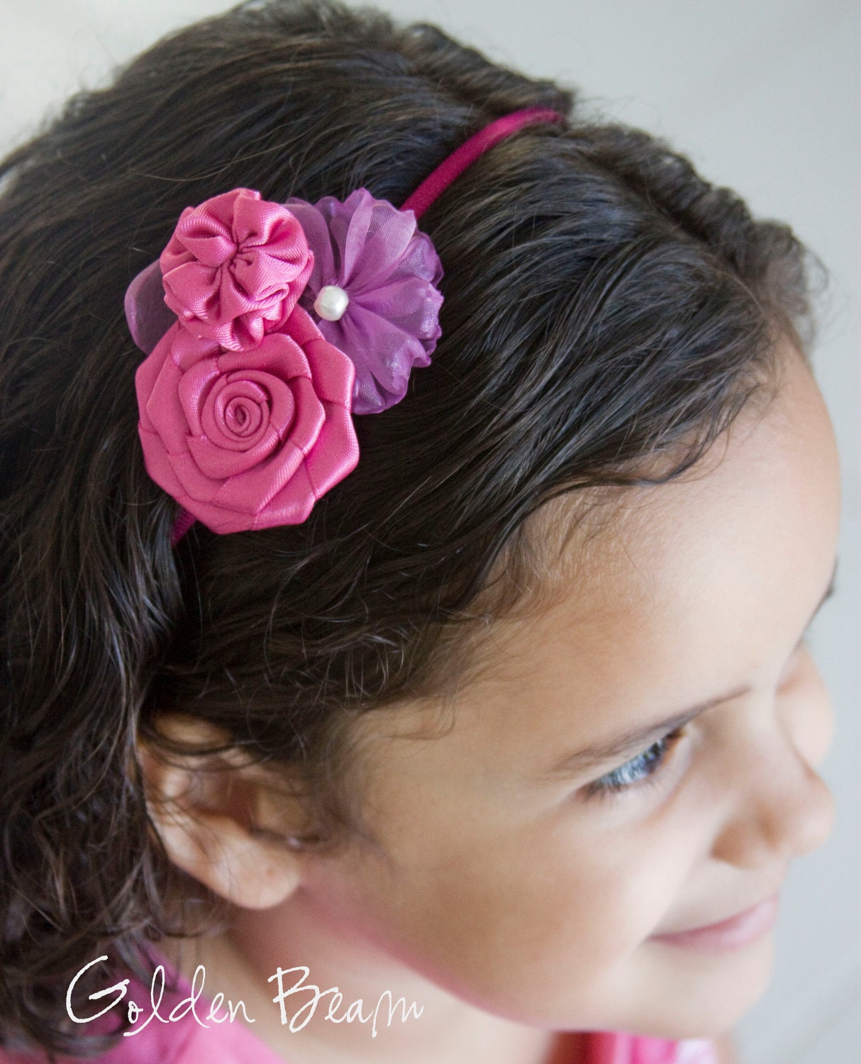 Flower Girl Headband -  Three Ivory Flowers Bouquet Handmade Headband