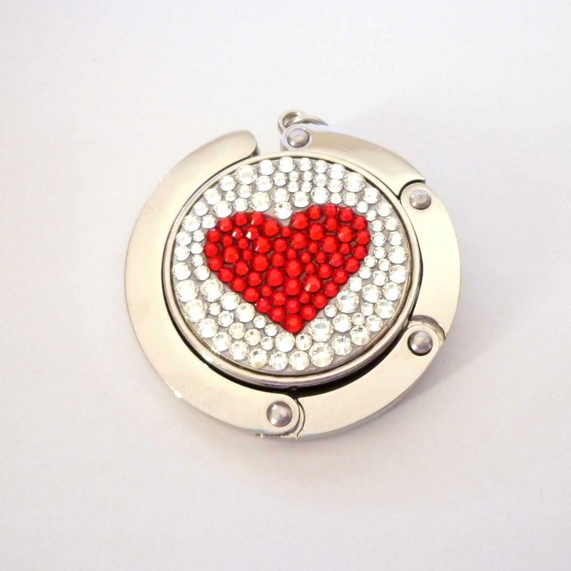 Pure Heart foldable bag hanger, purse hook, bag holder made with Swarovski flatback crystals