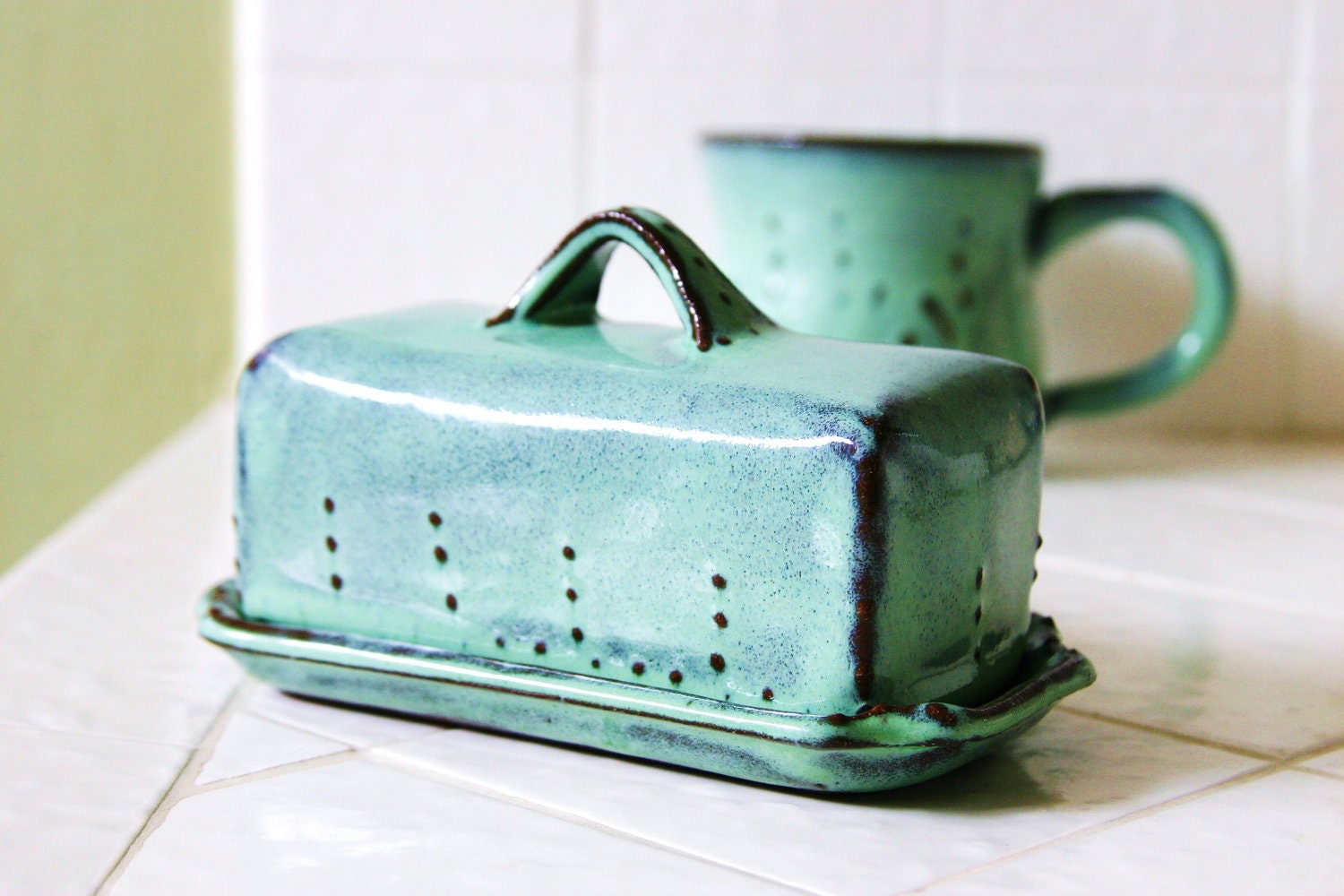 Covered Butter Dish - Aqua Turquoise Mist - French Country Home Decor