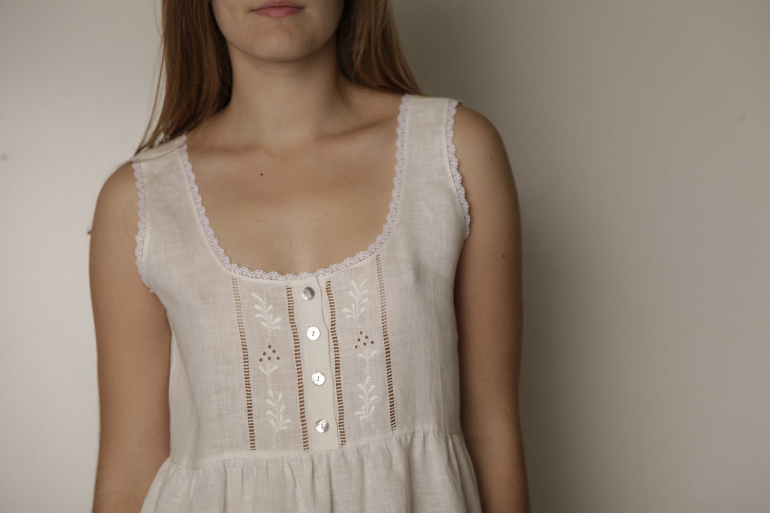 Vintage Inspired Hand Embroidered Linen Night Gown For Woman
