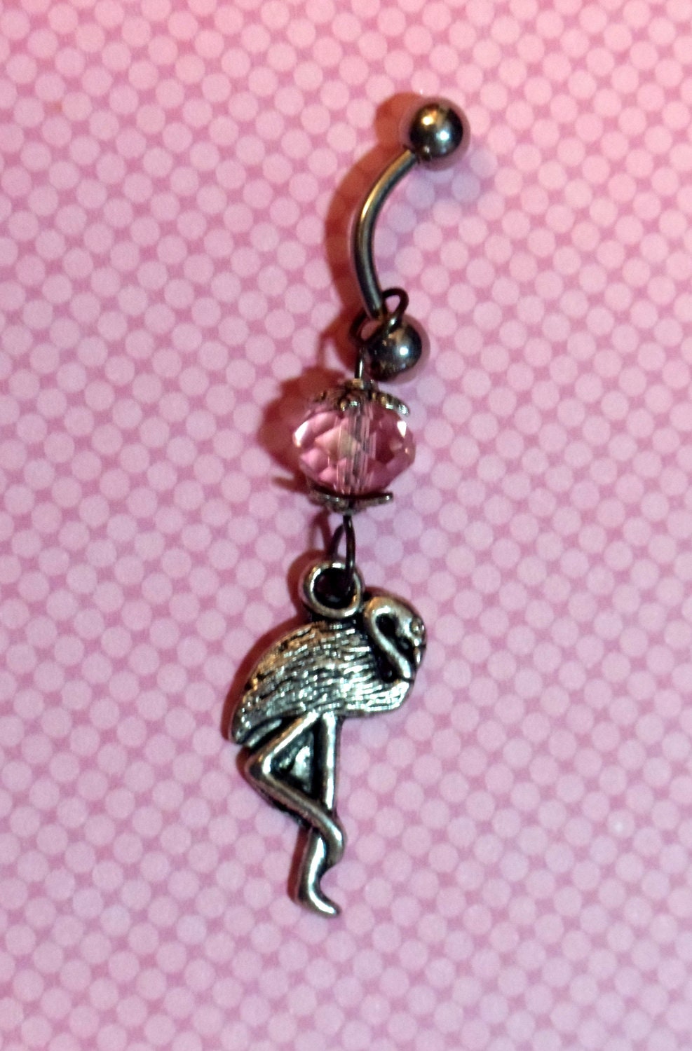 Flamingo with pink crystal belly ring - T109