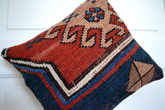 Kazak Kilim Pillow - Carpet Cushion - Tribal Rug Pillow - Wool Oriental Carpet