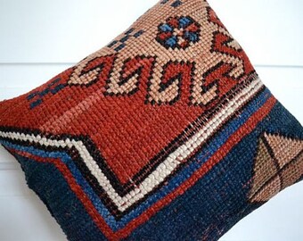 Kazak Kilim Pillow - Carpet Cushion - Tribal Rug Pillow - Wool Oriental Carpet