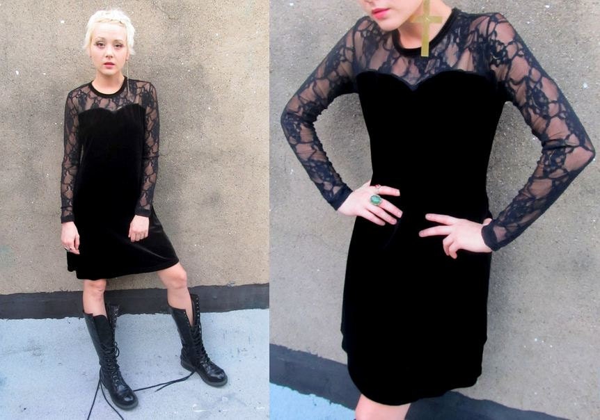Velvet Black Lace See Through Floral Bodycon Stretchy LBD Dress