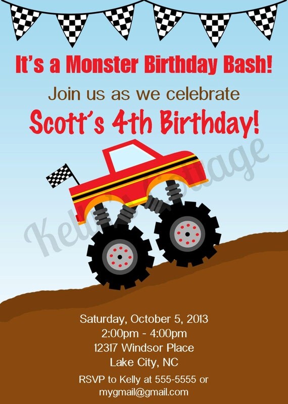 Custom, Printable Monster Truck Birthday Party Invitation Il_570xn