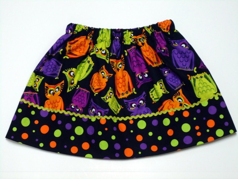 Custom Boutique Skirt Girls Clothing Owls, Halloween  - Sizes 6 - 12 months, 12 - 18 months, 2T, 3T, 4 / 5, 6 / 7, 8 / 9