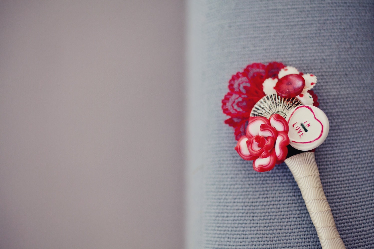Red Grooms Buttonhole - Red Lotus Flower and Love Heart Button