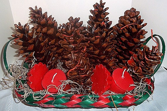 Pine cone firestarters and votive gift basket , 12 pine cones, 2 votives and 2 tarts