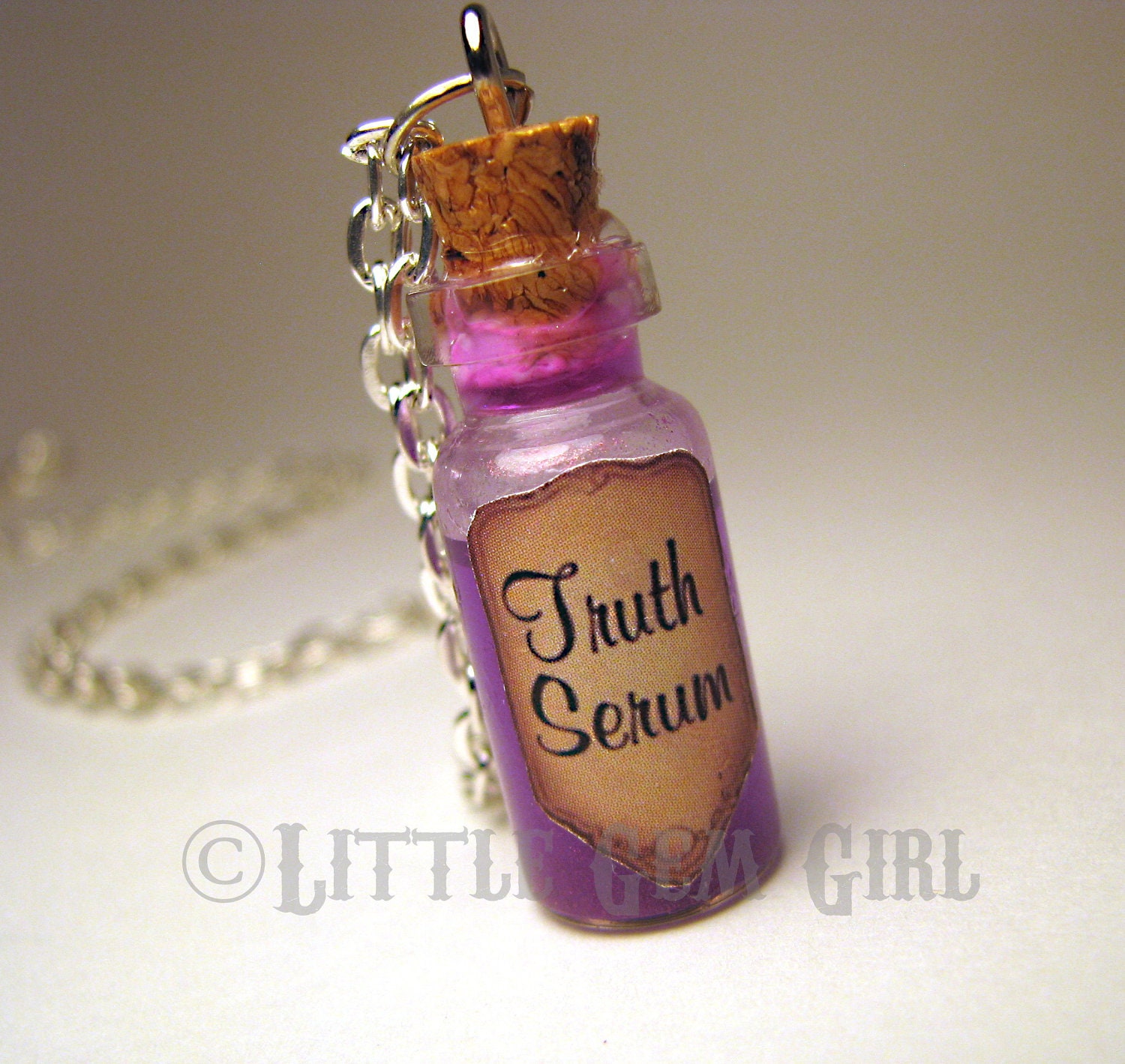 Truth Serum - Glass Bottle Cork Necklace - Potion Vial Charm - Purple Shimmer - Magic Spells - Steampunk
