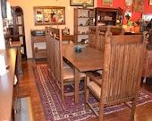 Arts and Crafts Mission Oak Dining Table with 2 leaves & set of 8 High Back  Dining Chairs with spindles