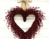 BURLAP RED BERRY Heart Wreath-Summer Door Wreath- Wedding Decor-Wedding Gift-Scented Cinnamon Sticks-Custom Choose Ribbon and Scent