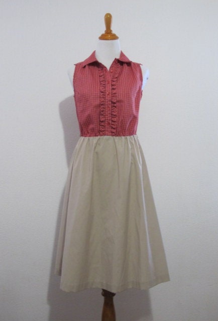 Vintage Red Plaid Ruffle & Khaki Sleeveless Dress