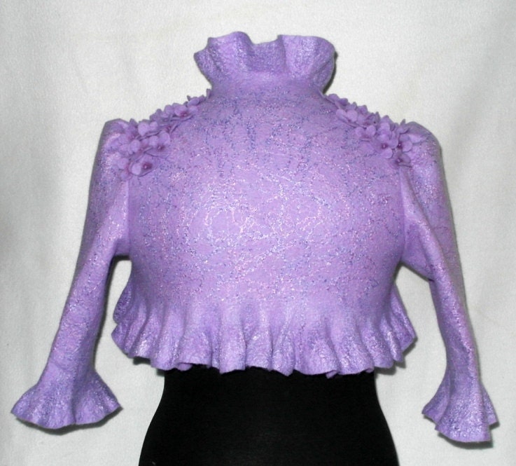Wedding-Bridal Bolero, Shrug, little Jacket -Nuno felted,Darkorchid color and luster of pearls. Wool and silk. Shimmer pearls.LILAC.SYRINGA