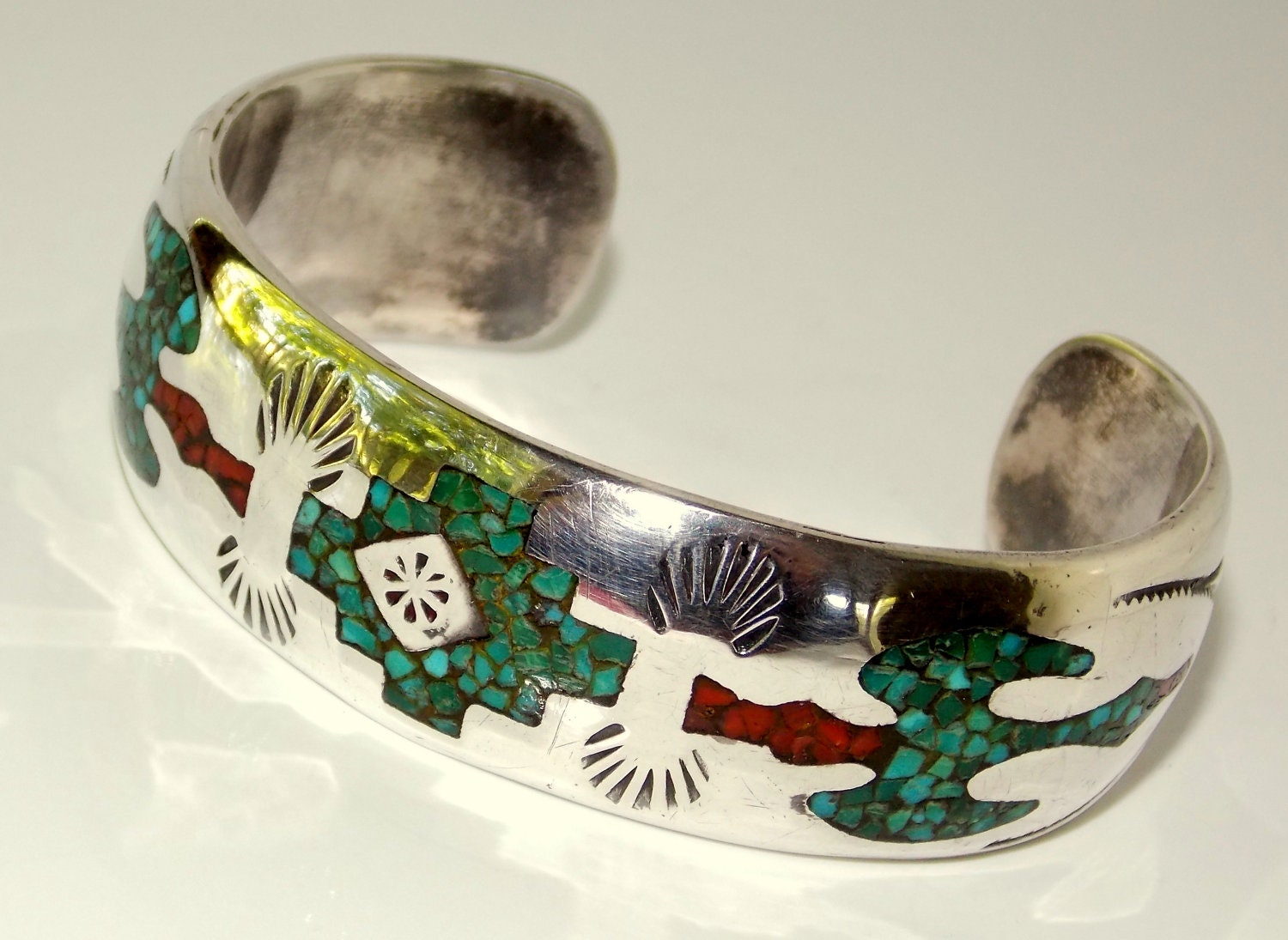 Vintage Navajo Turquoise Coral Cuff Bracelet