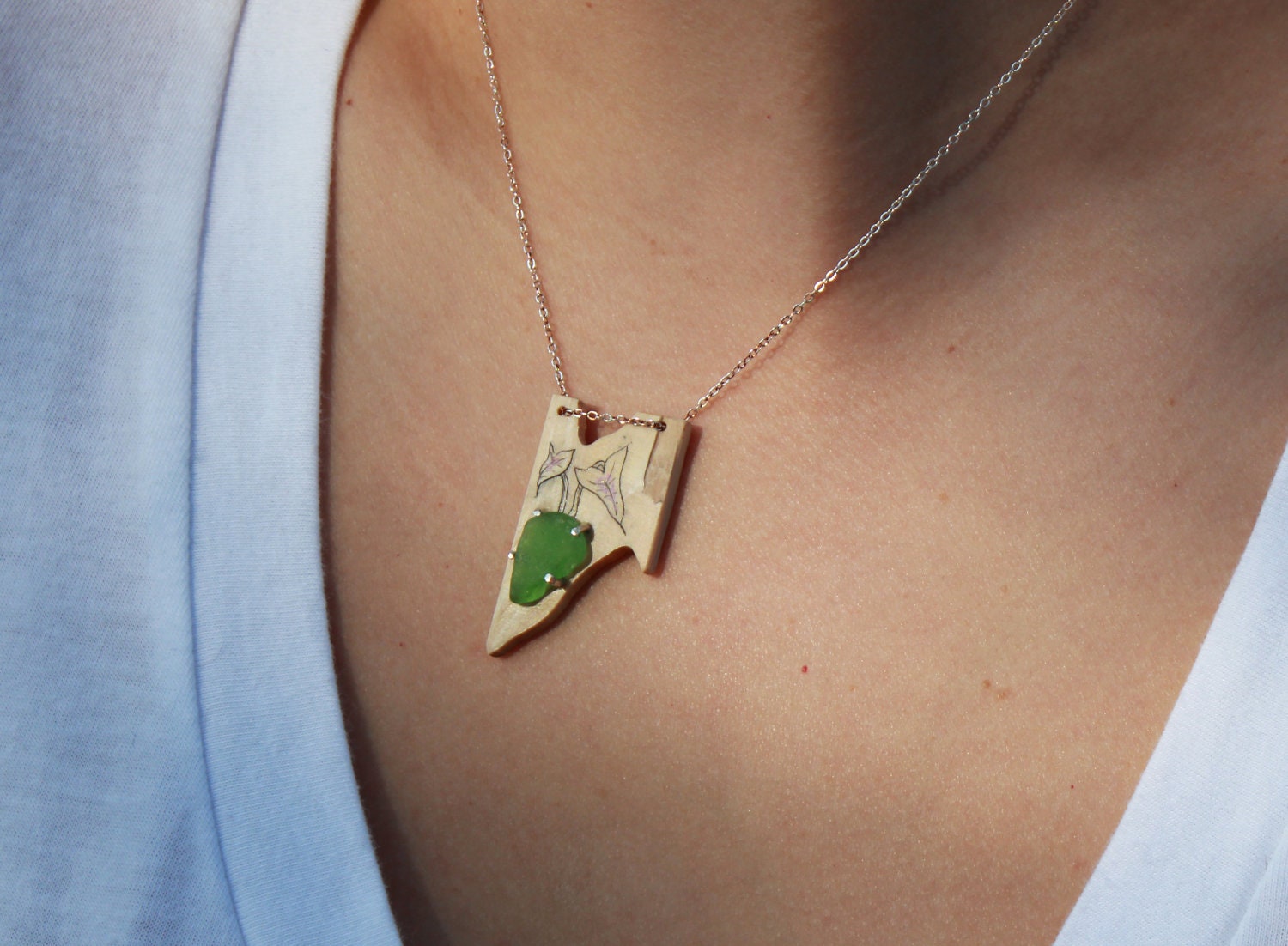 Green Sea Glass--Fossil Mammoth Ivory Pendant-- Elephant Ear Scrimshaw