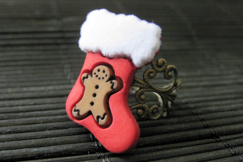 Christmas Ring. Stocking Ring with Gingerbread Man. Holiday Ring. Bronze Adjustable Ring. Handmade Jewelry.