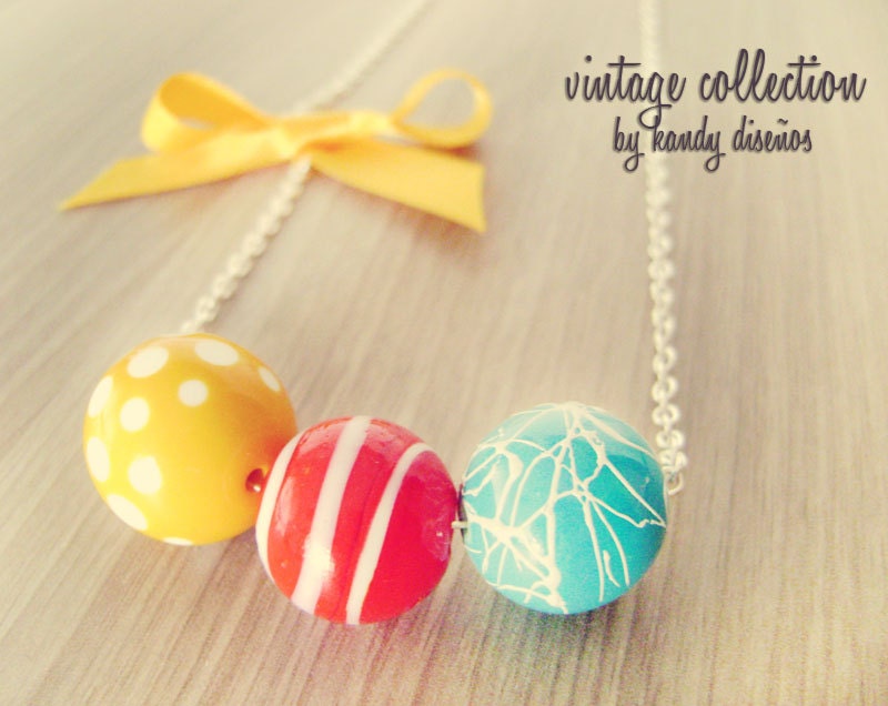 Multicolor vintage necklace Bow necklace dot stripes Blue red yellow vintage under 25