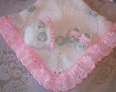 Crochet Baby Girl Blanket Layette With Satin and Lace Ruffle, Bonnet and Booties for Baby Shower Gift Take Me Home