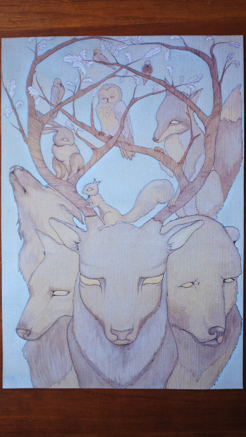 Melancholic Forest Animal Fountain - Original Art Print