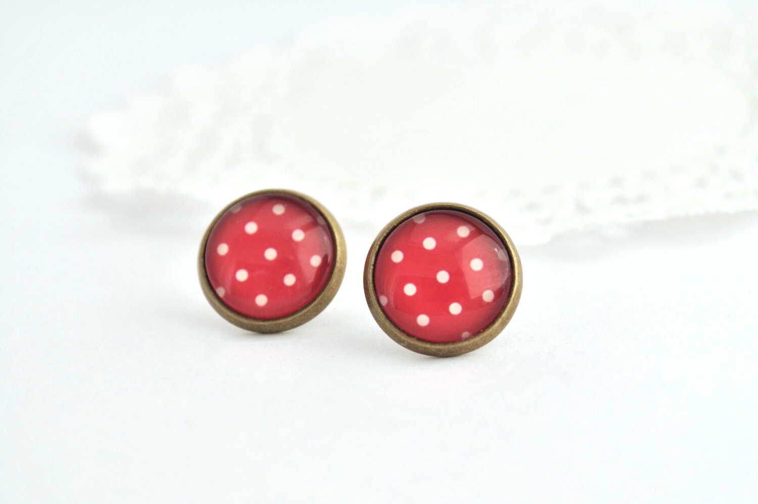 Stud Earrings White and Red Polka Dot...Antique Brass, Glass Dome...