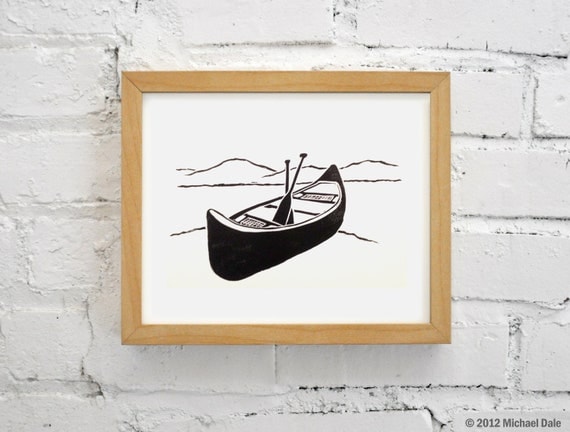 Canoe and Paddles Linocut Relief Print - Printmaking Paddling Outdoors River Stream Mountains
