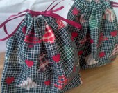 2 Christmas Tree Drawstring Fabric Gift Bags Upcycled, Reusable