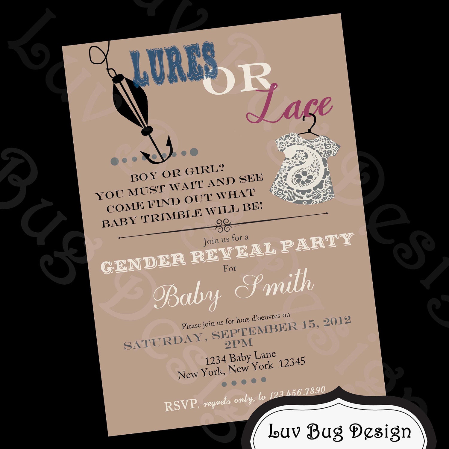 PRINTABLE Lures or Lace Themed Baby Shower or Gender Reveal Invitation-Printable party invitations by Luv Bug Design