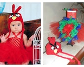 Entire Costume Handmade Red Bird PARROT w Real Feathers Tutu Dress Crochet Hat Set for Baby Girls 3 mos to 18 mos Halloween Pagaent Costume