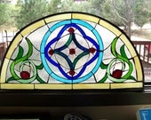 Stained glass window 40" jeweled transom vintage Celtic knot architectural window door