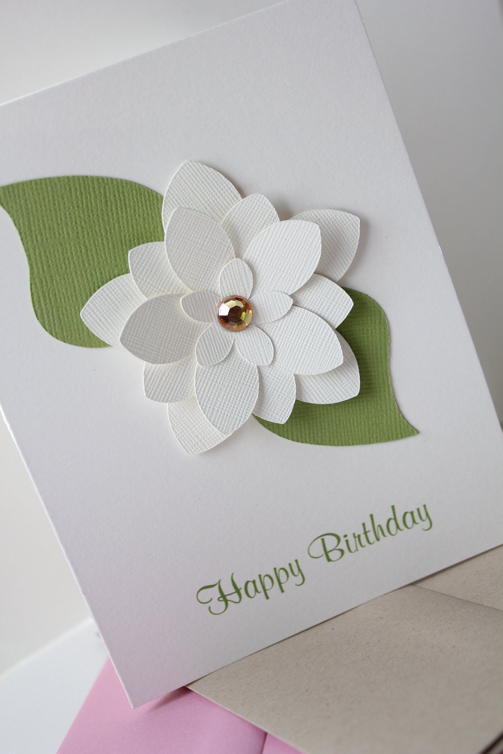 Personalize - White Flower w/Green Petals Card - Happy Birthday - Congratulations - Thank You - Get Well -Sympathy - Mother's Day