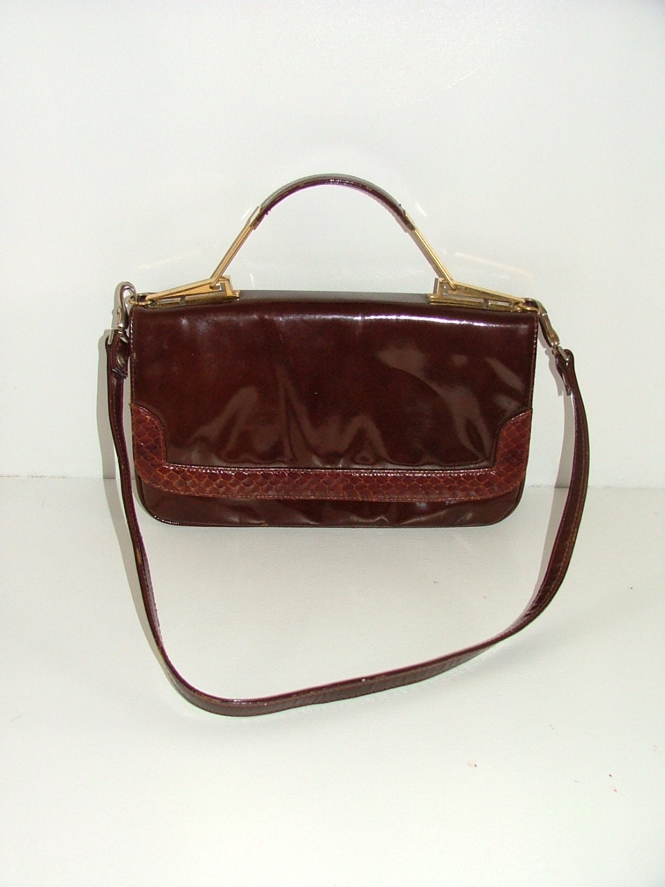 Vintage brown patent leather satchel shoulder bag grab clutch handbag with snakeskin trim