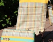 Travel Diaper Changing Set  (Boy) - Wet Bag & Wipes Case  -  Plaid: butter, turquoise, and taupe