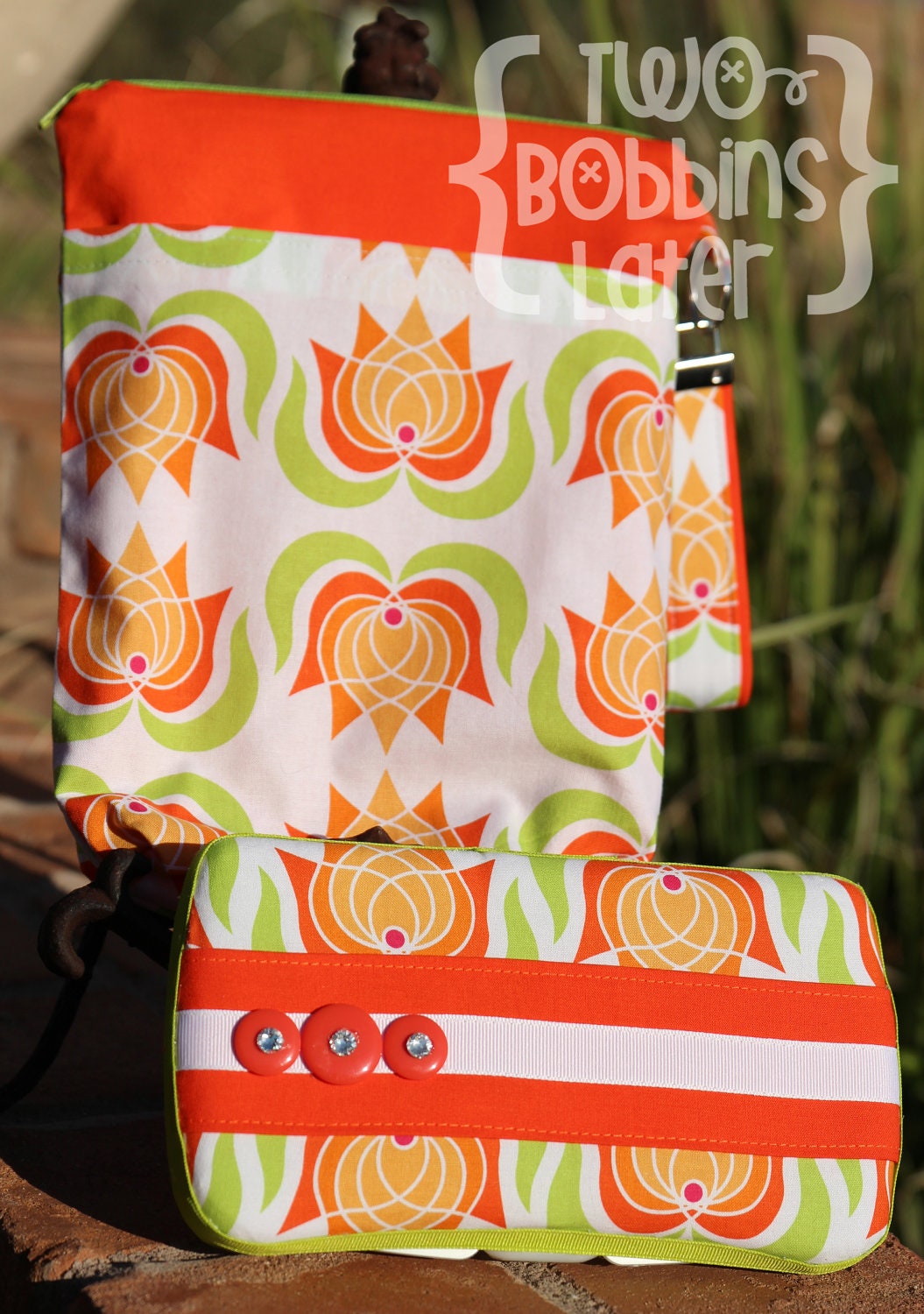 Travel Diaper Changing Set (Girl) - Wet Bag & Wipes Case - Floral - Orange, Green and White