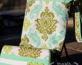 Travel Diaper Changing Set (Gender Neutral) - Wet Bag & Wipes Case - Damask - Olive, Turquoise and Jade