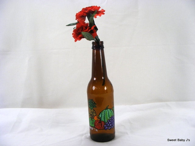 Fruit Centerpiece Hand Painted Bud Vase On Recycled Beer Bottle