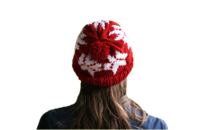 Red Slouch Knit Hat with White Snowflakes Pom Pom - Christmas Gift - Winter Fashion -  Chunky Beret -  Beanie - Women Teens Accessories