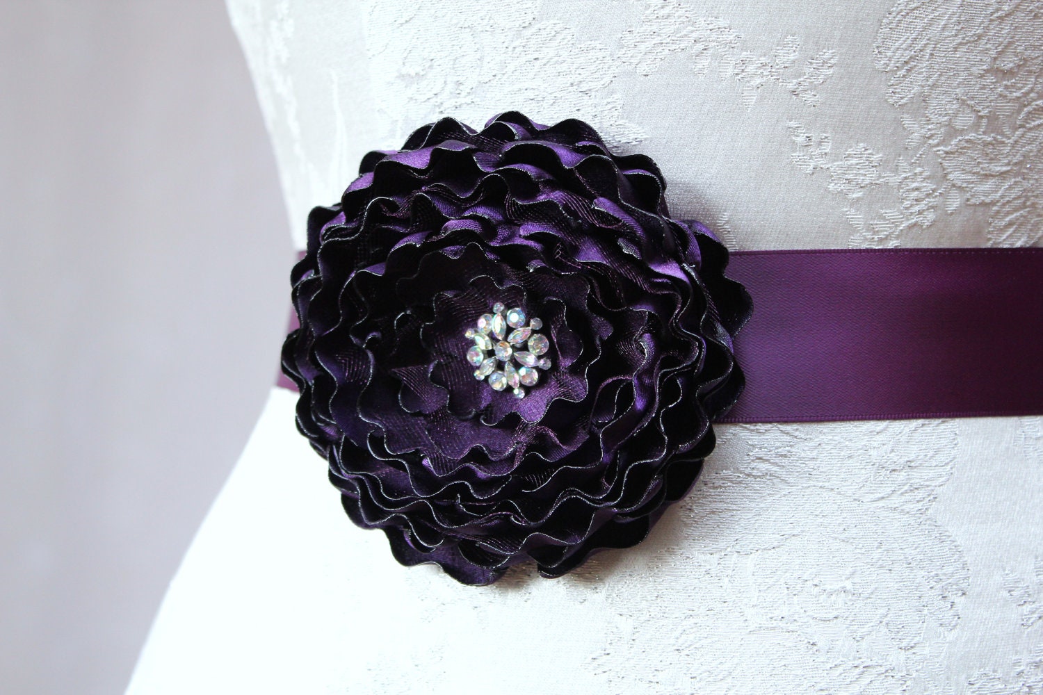 Dark Purple/ Grape Flower Wedding Ribbon Sash w/ Rhinestone Center/  Handmade Accessory/ Free Shipping on Additional Items