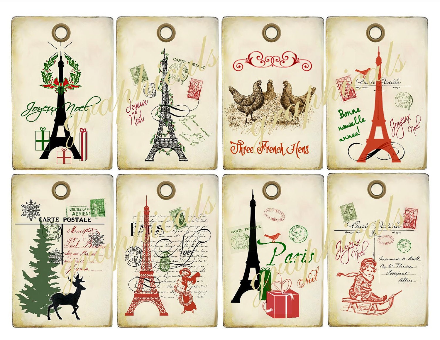 Vintage Collage Paris Christmas tags Digital download images Print your own Gift hang tags Cards Ornaments Decorations HT5001