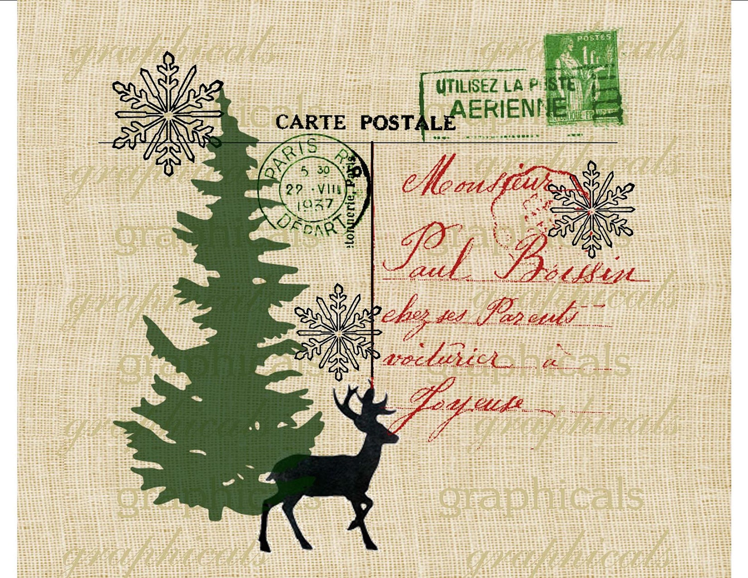 Paris Christmas digital download Vintage postcard ephemera tree deer snowflakes for transfer to fabric paper tote bags pillows cards No. 227